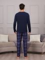 Men'S Solid Color Long-Sleeved T-Shirt And Plaid Trousers Loungewear Set