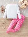 Toddler Girls' Cute Animal & Letter Printed Top And Stripe Pants 2pcs Homewear Set