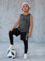 SHEIN Young Boy Loose Knitted Round Neck Sleeveless Sports Vest With Letter Print