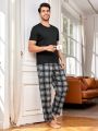 Men'S Solid Color T-Shirt And Plaid Pants Homewear Set