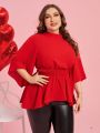 SHEIN Clasi Red Stand Collar Waist Loose Cuffs Plus Size Shirt