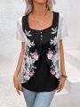 Women's Short Sleeve Shirt With Floral Print And Patchwork