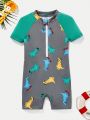 SHEIN 1pc Toddler Boys' Casual, Comfortable, Fashionable, Simple, Practical, Soft, Cute & Playful Dinosaur Pattern One-Piece Swimsuit With Color Blocking Sleeves, Suitable For Spring And Summer