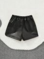 SHEIN Kids EVRYDAY Tween Girls' Woven Net Color Pu Leather Rivet Decoration Shorts