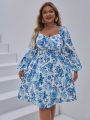 SHEIN VCAY Women's Plus Size Floral Printed Lantern Sleeve Dress With Sweetheart Neckline