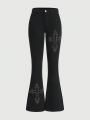 Goth Jeans With Rhinestone Detail And Flared Silhouette