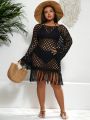 SHEIN Swim BohoFeel 1pc Plus Size Knitted Cover Up Dress With Fringe Decoration And Hollow Out Design