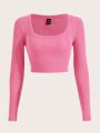 SHEIN EZwear Square Neck Rib-knit Crop Tee