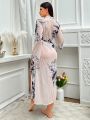 Floral Print Belted Mesh Robe