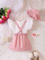 Baby Ruffle Trim Tee & Bow Front Suspender Skirt & Hat