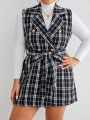 SHEIN Privé Plus Plaid Pattern Belted Vest Overcoat