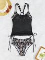 SHEIN Swim BohoFeel Ladies' Patchwork Pom-Pom Printed Drawstring Vest Bikini Set