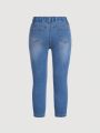 SHEIN Young Girls' Light Blue Y2k Street Style Cool Ripped Jeans With Washed Effect