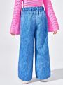 JNSQ Tween Girl Denim-Effect and Floral Print Wide Leg Pants