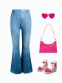 SHEIN Kids CHARMNG Teenage Girls' Imitation Denim Print Flared Pants