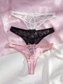 3pcs/Set Women's Lace Thongs With Bowknot Decoration