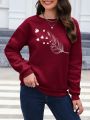 Feather & Heart Print Drop Shoulder Sweatshirt