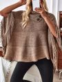 Button Detail Fringe Trim Batwing Sleeve Cowl Neck Poncho Sweater