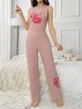 Women'S Lip & Letter Embroidered Ribbed Knit Homewear Set