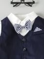 4pcs Baby Boys' Gentleman Formal Dress Shirt, Vest, Plaid Pants And Hat Set