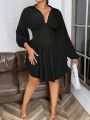 Women's Plus Size Lantern Sleeve V-neck Belted Dress