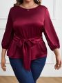 EMERY ROSE Plus Size Lantern Sleeve Belted Satin Shirt