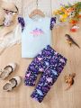 SHEIN Little Girls' Knitted Pure Color Dinosaur Pattern Short Sleeve Top And Knitted Jumpsuit Set