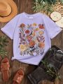 Tween Girls' Casual Simple Short Sleeve Floral Print T-Shirt Suitable For Summer