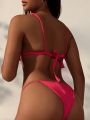 SHEIN Swim Vcay Women'S Solid Color Ribbed Knit Bikini Swimsuit Set