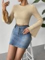 SHEIN Essnce Women's Solid Color Round Neck Hollow Out Knit Peach Flare Sleeve T-Shirt