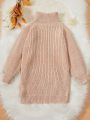 SHEIN Kids Nujoom Toddler Girls' Solid Color Lantern Sleeve High Neck Pullover Sweater Dress With Diagonal Stripes