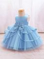 Baby Girl Bowknot Decorated Mesh Patchwork Sleeveless Formal Dress