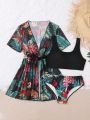 SHEIN Teen Girl Tropical Plant & Floral Print Bikini Swimsuit 3pcs/Set