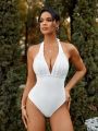 SHEIN Swim SXY Ladies' Solid Color Halter V-Neck One-Piece Swimsuit