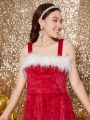 Teen Girl Fuzzy Trim Velvet Cami Dress