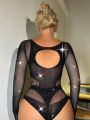 Women's Sexy Rhinestone Hot Drilling Hollow Out Mesh Bodysuit