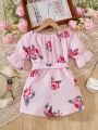 SHEIN Kids CHARMNG Rose Floral Print Bow Belted Romper