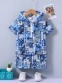 SHEIN Toddler Boys' Paisley Print Short Sleeve Hooded Top And Shorts Set