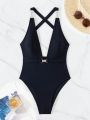 SHEIN Swim BAE Women's Solid Color Crisscross Backless One-piece Swimsuit