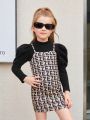 SHEIN Kids CHARMNG Little Girls' Knitted Solid Color Stand Collar Top With Knitted Letter Pattern Vest Dress Suit