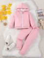 2pcs/Set Toddler Girls' Pink Knitted Jacket With Hooded Top And Casual Pants, Spring & Autumn Outfits