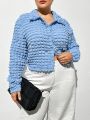 SHEIN Essnce Plus Size Women's Fashion Casual Spring And Summer Women's Clothing New Design Textured Fabric Blue Women's Long Sleeve Button-Up Shirt Top