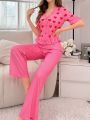 Women'S Love Heart Printed Ruffle Hem Top And Shorts Pajama Set
