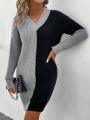 V-neck Two-tone Sweater Dress