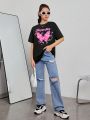 Teen Girls' Casual Short Sleeve Cartoon Pattern T-shirt Suitable For Summer