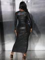 SHEIN Slayr Women's Alligator Texture Notched Neck Bodycon Dress With Bag Hip Design