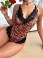 Women'S Leopard Print Lace Splicing Bodysuit Sexy Lingerie