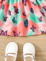 Little Girls' Butterfly Printed Suspender Dress With Belt