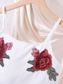 Teenage Girls' Romantic Rose Embroidery Design Cami Top And Fluffy Mesh Layered Skirt Outfit