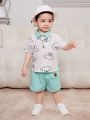 SHEIN Unisex Baby Cartoon Bear Pattern Turn-Down Collar Pullover And Casual Shorts Set